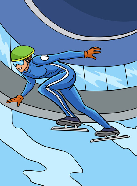 Questa clipart del fumetto mostra un'illustrazione del pattinaggio di velocità. - Vettoriali, immagini