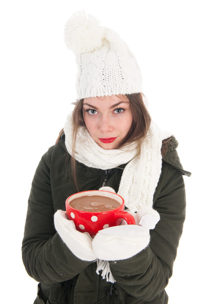 Portrait winter girl with hot chocolate - Foto, imagen
