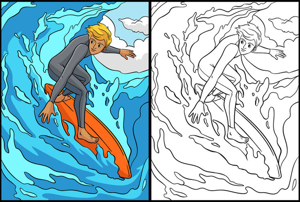 Cette page à colorier montre un Surfeur. Un côté de cette illustration est coloré et sert d'inspiration pour les enfants. - Vecteur, image
