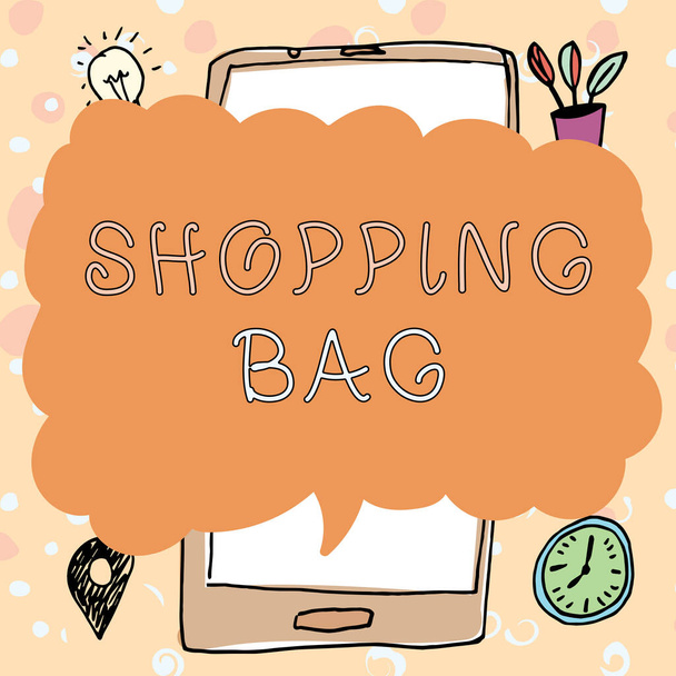 Textschild mit Shopping Bag, Konzeptfotobehälter für persönliche Gegenstände oder Einkäufe - Foto, Bild