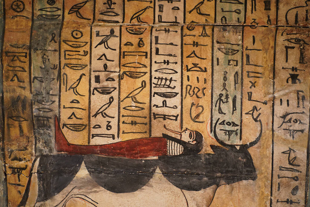 Егіптський дерев'яний саркофаг ієрогліфи детально згинаються. - Фото, зображення