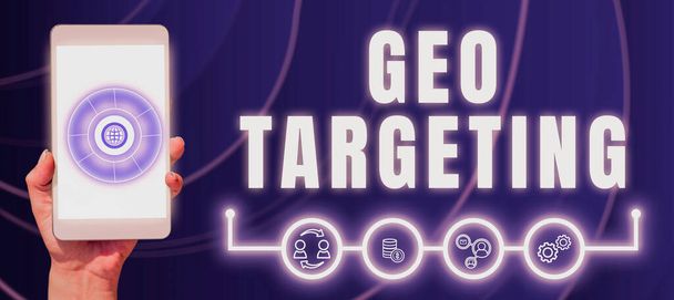 Pisanie wyświetlania tekstu Geo Targeting, Internet Concept Digital Ads Views Adres IP Adwords Kampanie Lokalizacja - Zdjęcie, obraz