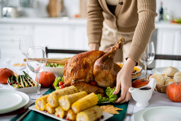cropped view of woman serving roasted turkey near grilled corn and asparagus for thanksgiving dinner  - Foto, immagini