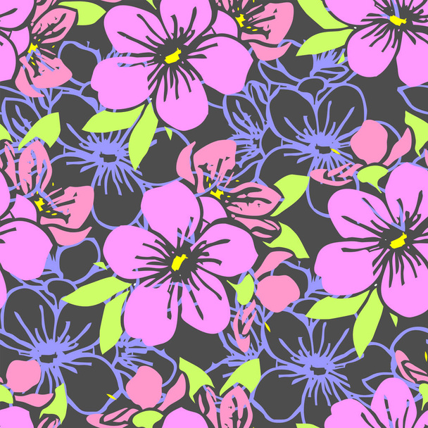 naadloos patroon van roze silhouetten en blauwe bloemcontouren op een grijze achtergrond, textuur, design - Vector, afbeelding