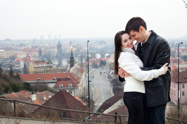 Beautiful young love couple in city Prague - Фото, зображення