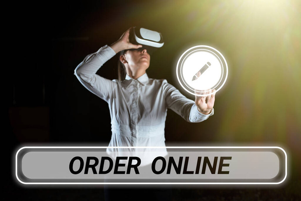 オンライン注文を示すテキストサイン,ビジネスアプローチインターネット上の売り手から商品やサービスを購入 - 写真・画像