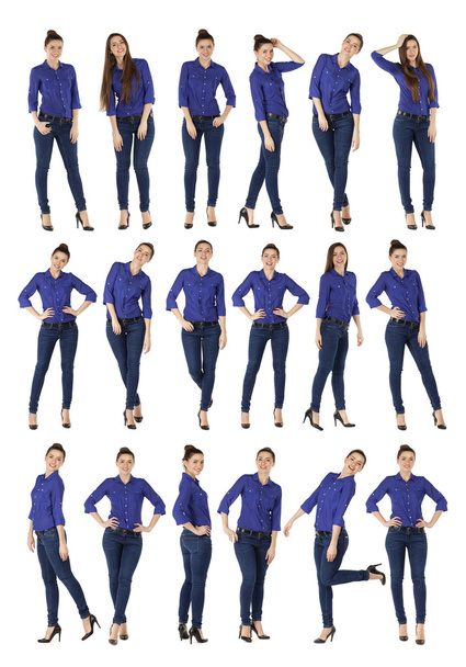 Collage, schöne Frauen in blauen Jeans und blauem Hemd - Foto, Bild