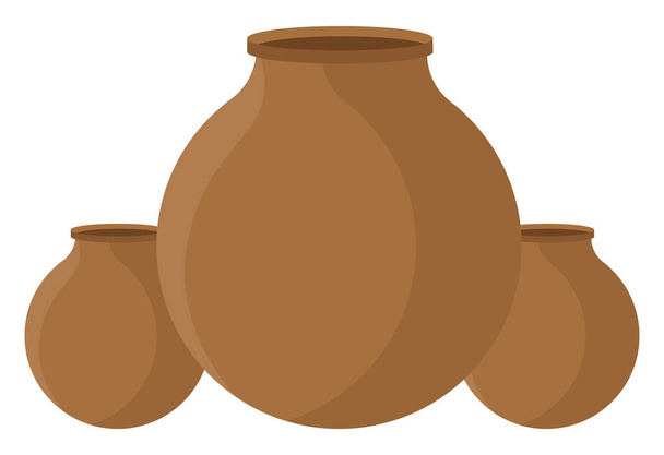 Three clay pots, illustration, vector on a white background. - Vector, Image