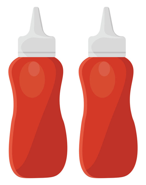 Красные бутылки кетчупа, иллюстрация, вектор на белом фоне. - Вектор,изображение
