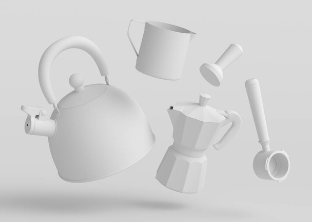Espresso coffee machine with horn, kettle and geyser coffee maker for preparing breakfast on monochrome background. 3d render of coffee pot for making latte coffee - Photo, image