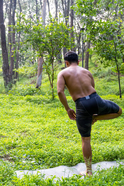 giovane, facendo yoga o reiki, nella foresta vegetazione molto verde, in messico, guadalajara, bosque colomos, ispanico, America latina - Foto, immagini