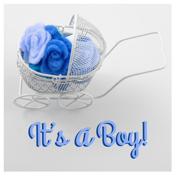 Baby card - Its a boy theme. Pram full of flowers on white background. Newborn greeting card. - Photo, Image