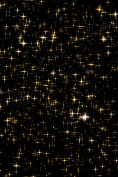 Χρυσή λάμψη διακοπών και αστραφτερή επικάλυψη, αστέρια και μαγική υφή λάμψη σε μαύρο φόντο, χρυσά σωματίδια σκόνης αστέρων για πολυτελή και λαμπερά σχέδια - Φωτογραφία, εικόνα