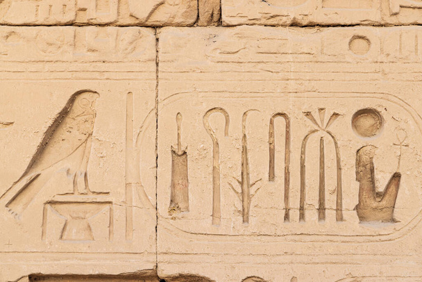 Karnak, Luxor, Egypte. Hiërogliefen op een muur bij het Karnak Tempelcomplex in Luxor. - Foto, afbeelding
