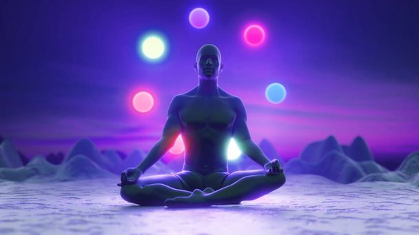 Силуэт следов человеческой медитации в позе лотоса. На скалах в сиянии. Цветные чакры. Йога, дзен, буддизм, восстановление, религия, здоровье и оздоровительная концепция. 3D рендеринг - Фото, изображение