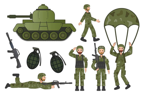 Soldaten en verschillende items op witte achtergrond - Vector, afbeelding