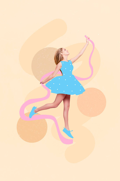 Banner collage of pretty lady try catch bargain advert wear fashionable dress isolated on pastel color background. - Fotó, kép