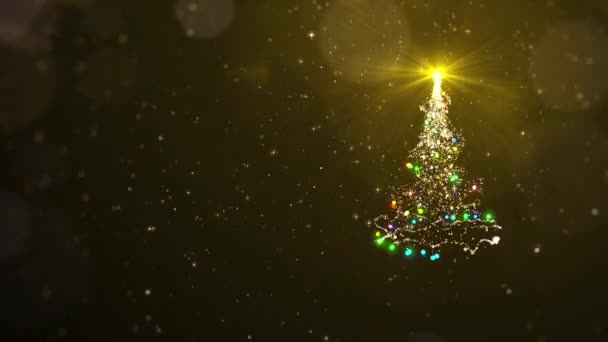 Árbol de navidad de oro con partículas luces estrella con copyspace para vacaciones de invierno 4K video fondo en bucle. - Imágenes, Vídeo