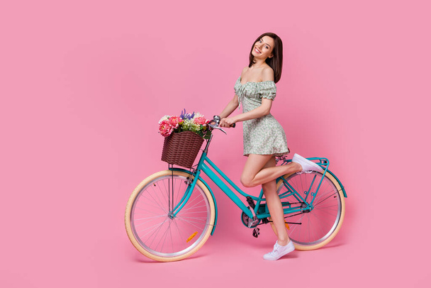 Full length profile photo of sweet lady ride bicycle wear printed dress isolated on pink color background. - Foto, Bild