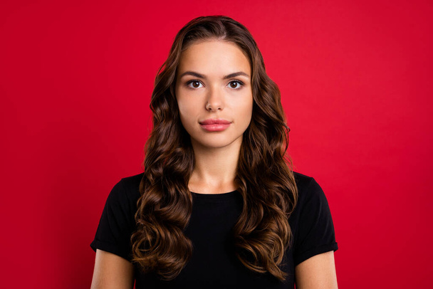 Photo of adorable pretty young woman wear black t-shirt smiling isolated red color background. - Φωτογραφία, εικόνα