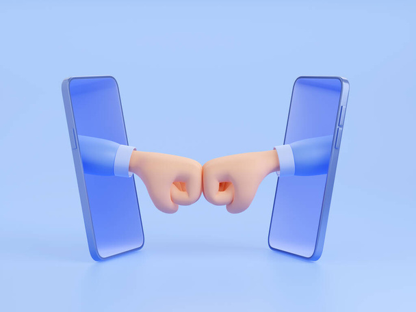 Online meeting icon with hands from mobile phones fists bump. Concept of business agreement, partnership, teamwork or friendship, 3d render illustration isolated on blue background - 写真・画像