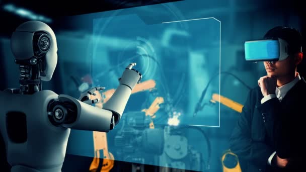Кібернетичний промисловий робот і людський працівник працюють разом на майбутній фабриці. Концепція штучного інтелекту промислової революції та процесу автоматизації
 . - Кадри, відео