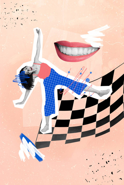 Composite collage image of funny funky young woman fantastic dream wonderland floor chessboard smiling toothy flying mouth have fun. - Photo, Image