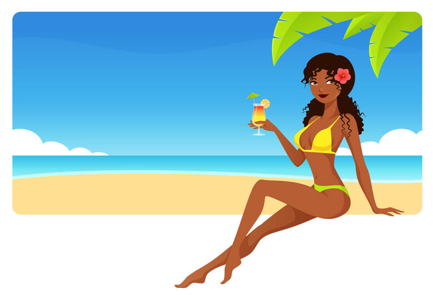 Sommerbanner am Meer mit einem schönen Strandmädchen, das einen Cocktail genießt. Attraktive schwarze Frau im Bikini im tropischen Paradies. Reisezielanzeige oder Einladung zur Strandparty. - Vektor, Bild