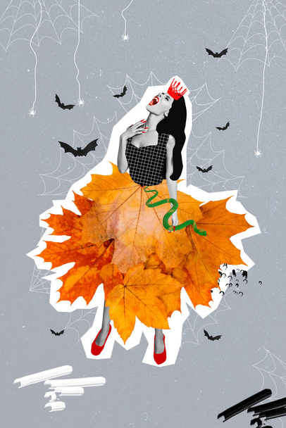 Creative trend collage of gorgeous lady bloody queen skirt autumn orange leaves autumn halloween costume wear crown drawing background. - Foto, immagini