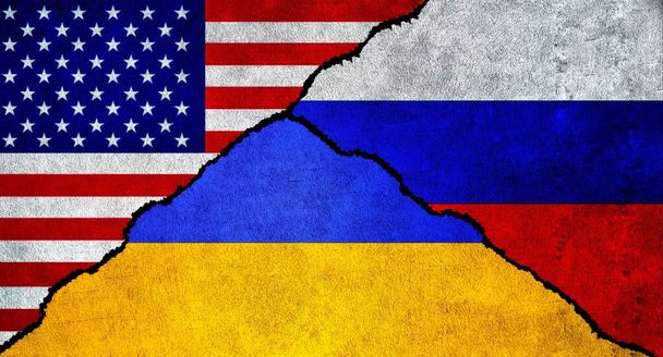 USA, Russia and Ukraine flag together on a textured wall - Photo, Image