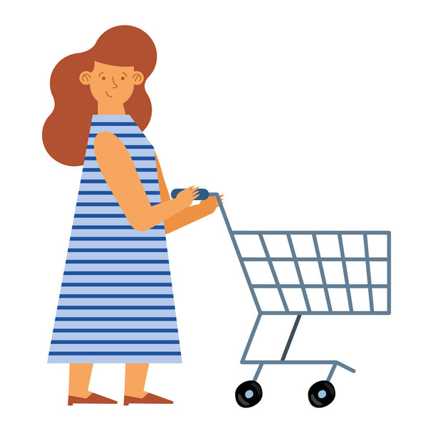 ショッピングカートのキャラクターを持つ女の子 - ベクター画像
