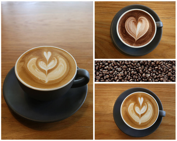Koffiebekers geplaatst op een tafel in een koffieshop, Latte art in een wit glas in een café voor design in uw werkconcept. - Foto, afbeelding