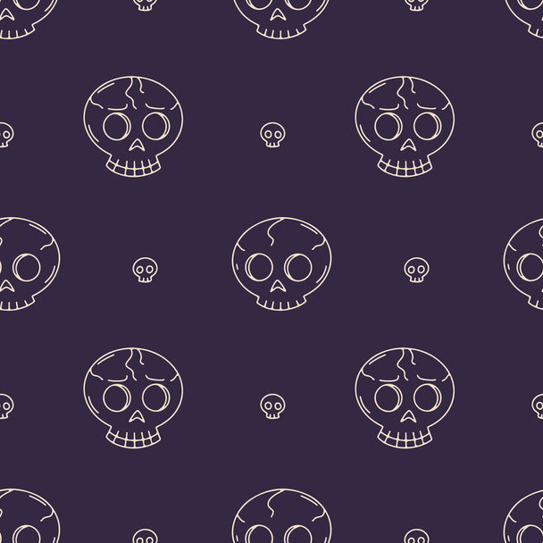 Seamless pattern with line art skulls on dark purple background - Vecteur, image