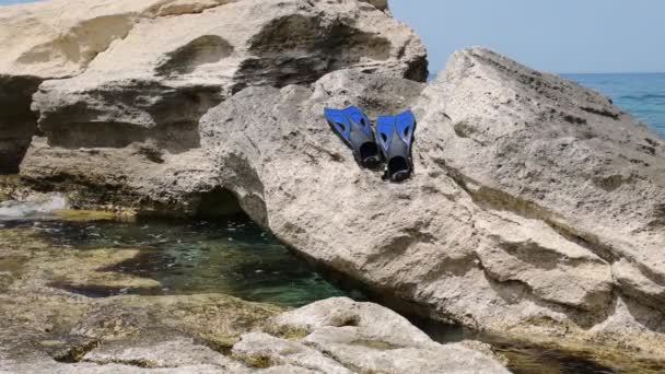 Flippers on the rocky seashore. Caspian Sea. 07 June 2022 Year. - Footage, Video
