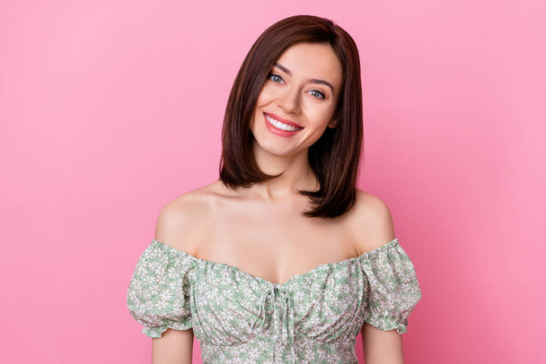 Portrait of sweet good looking lady wear trendy summer outfit toothy shiny grin isolated on pink color background. - Photo, Image