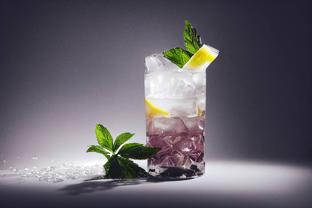 Close-up of a glass with a cold cocktail decorated with lemon and a sprig of mint on a gray background, food photography, photorealistic illustration - Photo, Image