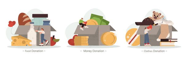 寄付金や衣服、お金や子供のおもちゃを集め慈善や人道支援のために集めます。ボランティアは段ボール箱に製品を寄付する。キャラクターは貧しい人、ホームレスや子供に役立ちます. - ベクター画像