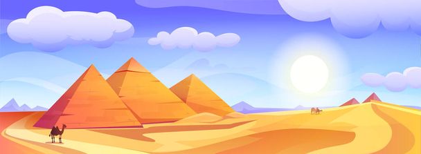 Paysage égyptien avec des pyramides pharaons égyptiens illustration vectorielle de dessin animé. Désert africain avec tombes anciennes, chameaux bédouins et dunes de sable jaune. Ancien complexe avec soleil chaud et nuages dans le ciel. - Vecteur, image