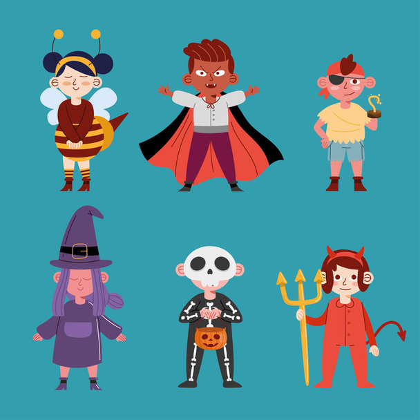 six kids with halloween costumes characters - Vector, Image