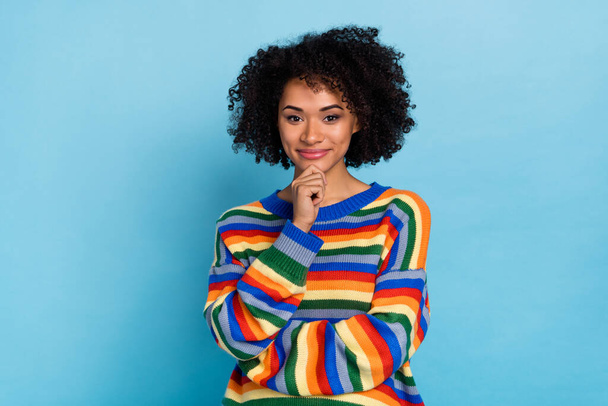 Photo of young short hairdo lady hand face wear colorful pullover isolated on blue color background. - Fotografie, Obrázek