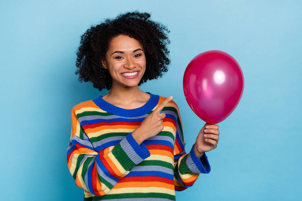 Photo of nice short hairdo lady index balloon wear colorful sweater isolated on blue color background. - Φωτογραφία, εικόνα