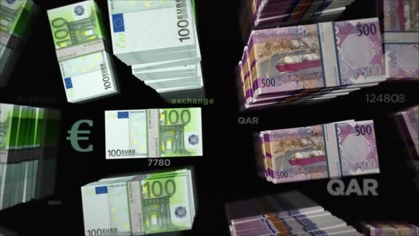 Euro a Katar Riyal směnárna peněz. Papírové bankovky balí balík. Pojetí obchodu, hospodářství, hospodářské soutěže, krize, bankovnictví a financí. Poznámky smyčka bezešvé 3D animace. - Záběry, video