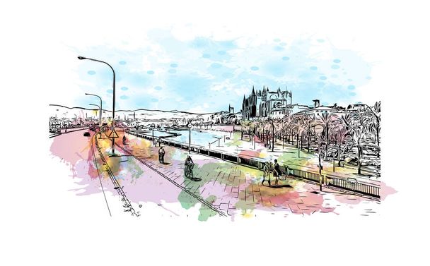 Print Building view with landmark of Palma is the city in Spain. Watercolor splash with hand drawn sketch illustration in vector. - Vector, Image