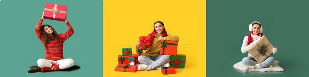 Щасливі молоді жінки з різдвяними подарунками на кольоровому фоні
 - Фото, зображення