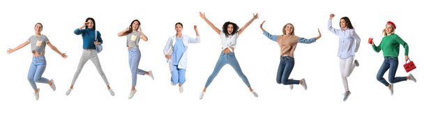 Collage of happy jumping women on white background - Foto, Imagen