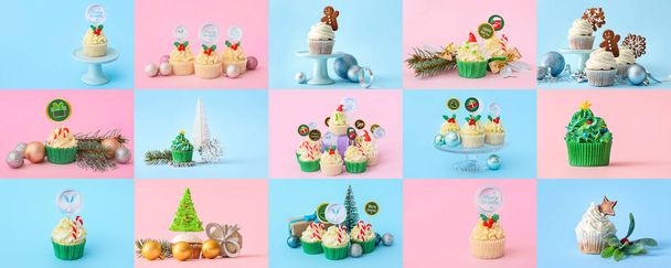 Collage with tasty Christmas cupcake on color background - Photo, Image