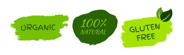 Green natural bio labels. Set of three green organic, bio, eco, vegan labels on hand drawn stains. Vector illustration - Vektör, Görsel