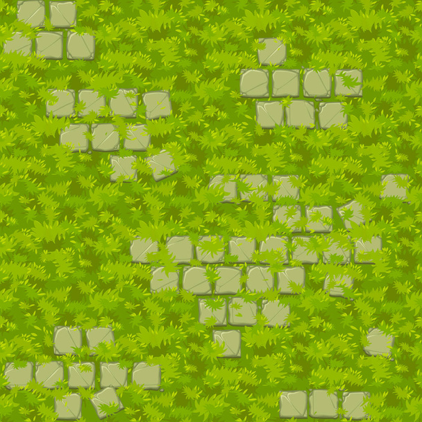 Seamless green grass texture with old stone tiles. - Vector, Image