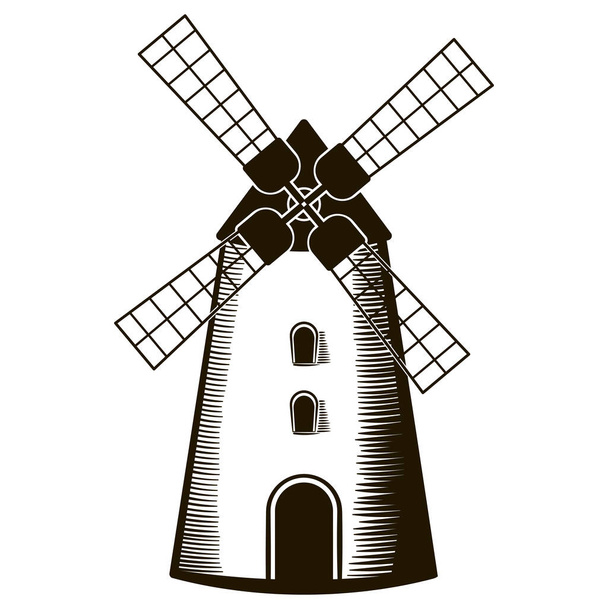Windmill in hand drawn style isolated on whiye background. Wheat and Flour production, green enegry themed element - Vector, Image