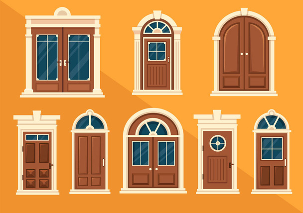 Архитектура дома с набором дверей и окон, цветами и размерами в шаблоне, рисунком на плоском фоне. - Вектор,изображение